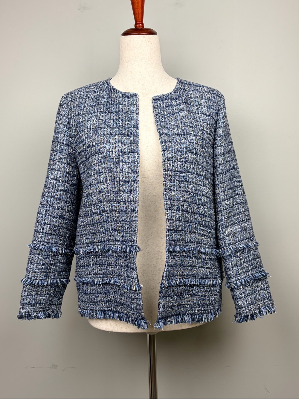 Lafayette 148 Blue Tweed‎ Jacket Fringe Trim Open Front Size M